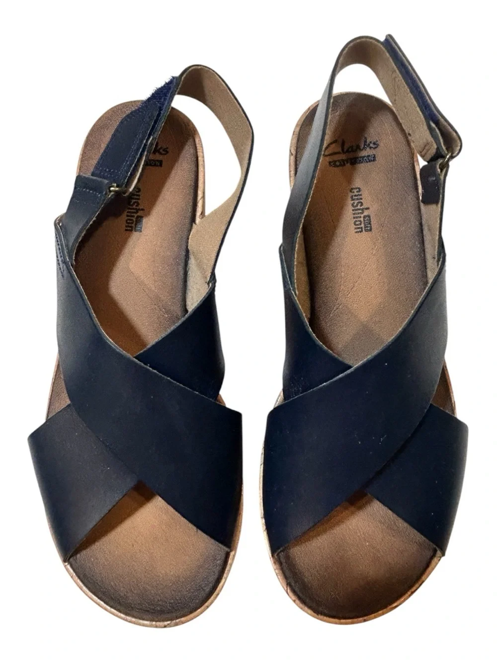 Clarks Collection Cushion Soft Penny Navy Leather Cork Wedge Slingback Size 8